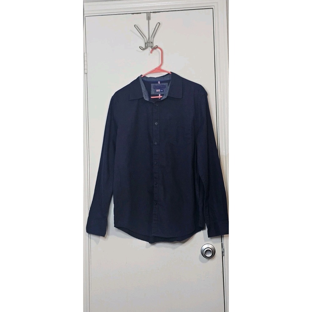English Laundry L Navy Blue Button Down Shirt Contrast Trim Casual Preppy Dressy